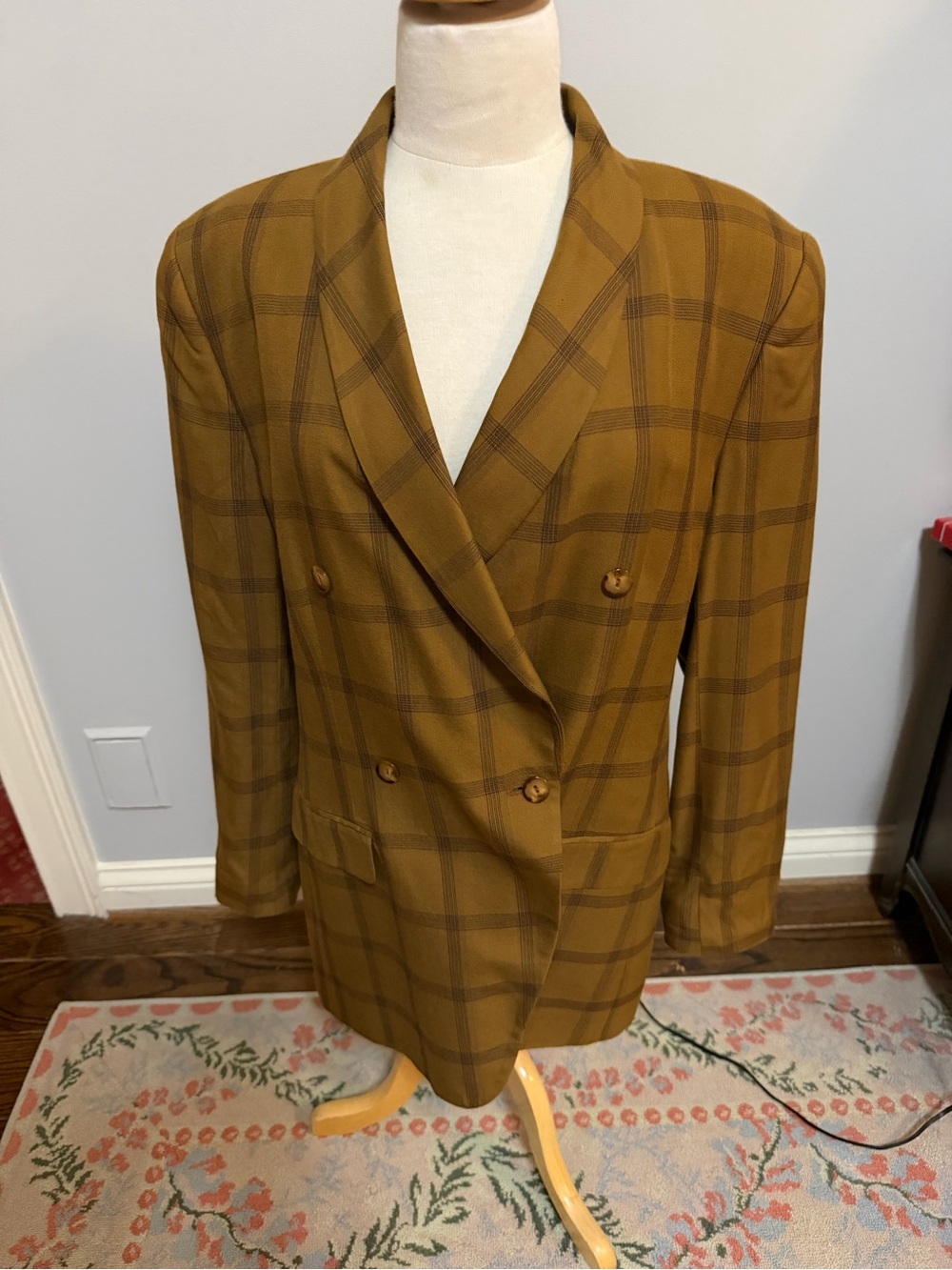Ladies Double-Breasted Taupe Brown Plaid Blazer size 16